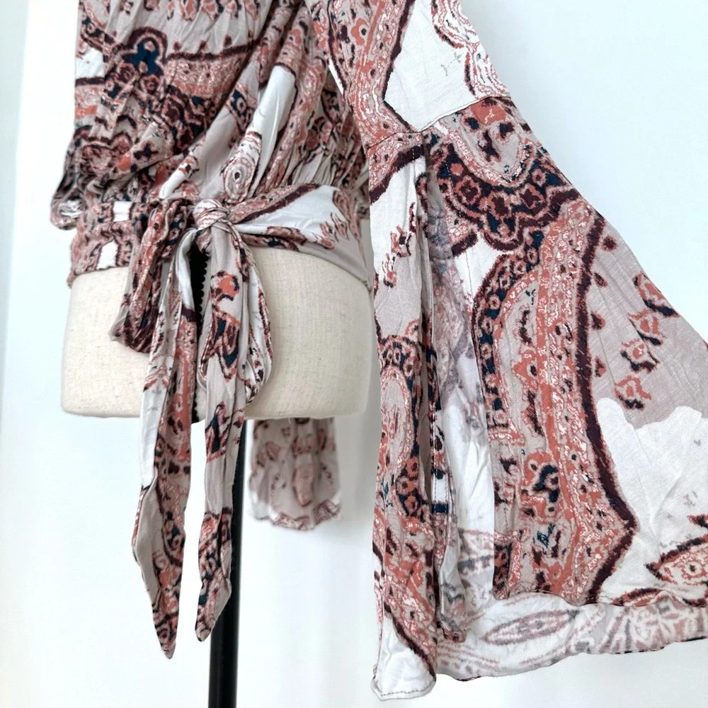 Free People Fiona Paisley Faux Wrap Top Boho Bell Sleeve Surplice Blouse Size M